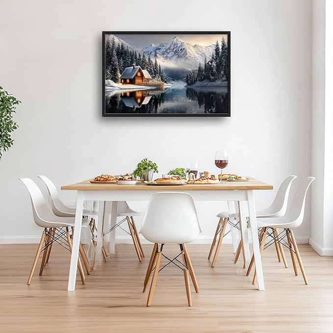 Winter Large Wall Art Mountain Lake Log Cabin Nature Pictures Wall Decor Landscape Canvas Prints Paintings Home Office Decorations Above Bed Framed Artwork for Living Room Dinning Room 36"x24"