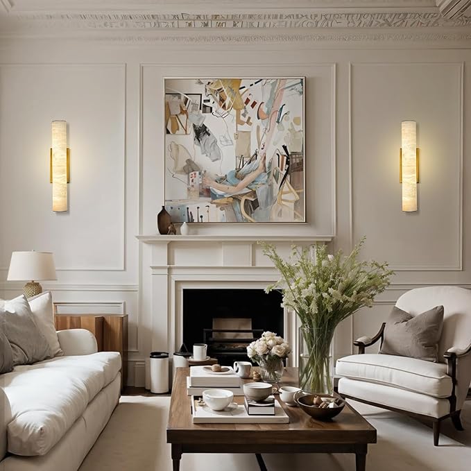 Alabaster Wall Sconces Gold, Spanish Natural Marble Wall Sconce, 20" Brass Wall Sconce for Bathroom, Indoor Stone Wall Sconces Dimmable, Alabaster Wall Light for Living Room, Bedroom, Hallway, Stairs