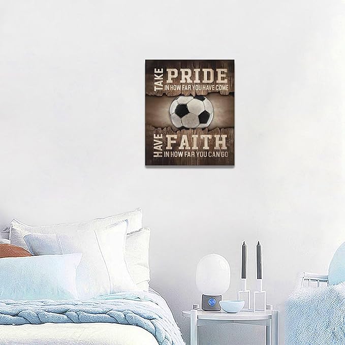 Fleruku Rustic Soccer Wall Art Sports Wall Decor Inspirational Quotes Brown Pictures Soccer Sign Canvas Painting Artwork Home Decorations for Boy Man Teenager Fans Bedroom Living Room 20"x24"