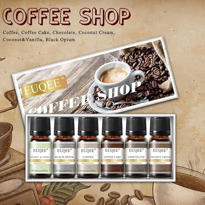 6PCS Coffee Fragrance Oil Set(10ml), Premium Fragrance Essential Oils Set for Candle Making, Diffuser-Coffee, Chocolate, Cake, Coconut Cream, Coconut & Vanilla