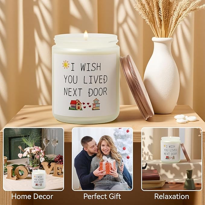 Lavender 'Wish You Lived Next Door' Scented Candle – 8oz Soy Wax Jar, 50-Hour Burn – Long-Distance Gift for Couples, Friends & Missing Someone