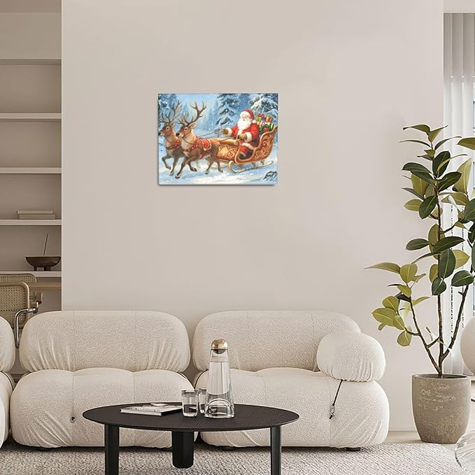 Santa Claus Christmas Wall Art Winter Santa Claus Reindeer Canvas Wall Decor Winter Christmas Pictures Painting Artwork Decoration Framed Gifts for Women Girl Bedroom Living Room Dining Office 12"x16"