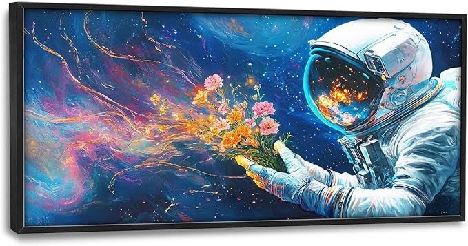 Astronaut Large Wall Art Galaxy Outer Space Pictures Wall Decor Flowers Above Over Bed Canvas Prints Painting Framed Artwork Decoration for Boys Bedroom Living Room 60"x30"