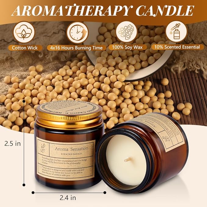 4 Pack Vanilla Candles for Home Scented,Amber Jar Aromatherapy Candle Gifts for Women,Scented Candles Set for Mother's Day Christmas Valentine Thanksgiving Brithday Gifts,Soy Wax Candle Set