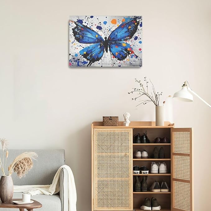 Banksy Butterfly Wall Art Blue Butterfly Street Art Graffiti Wall Decor Pictures Painting Canvas Artwork Framed Decoration Gifts for Women Girl Living Room Bedroom Office 16"x24"