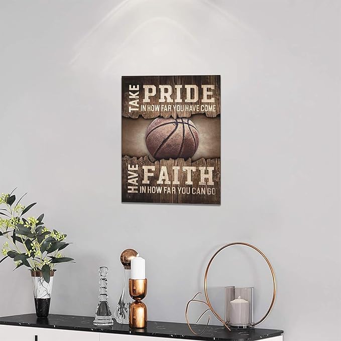 Fleruku Rustic Basketball Wall Art Sports Wall Decor Inspirational Quotes Brown Pictures Basketball Sign Canvas Painting Artwork Home Decorations For Boy Man Teenager Fans Bedroom Living Room 12"x16"