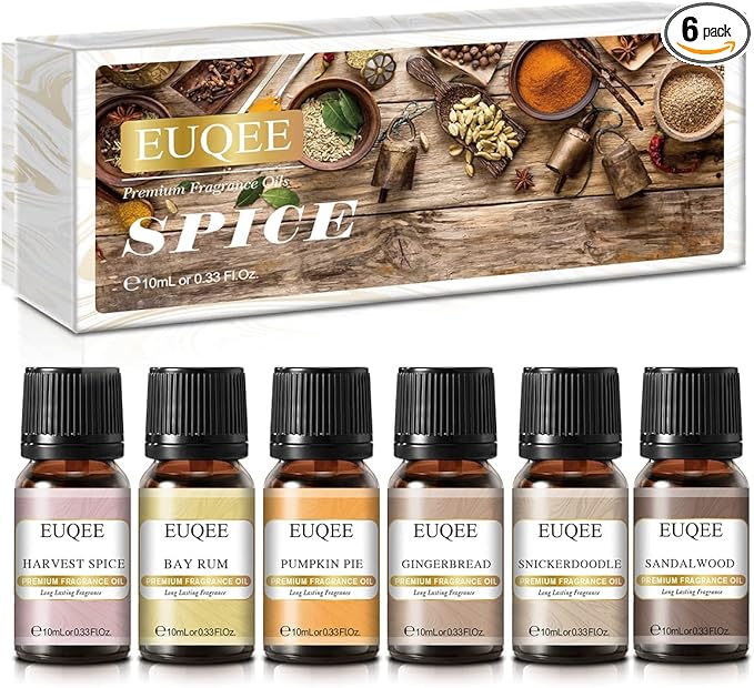 6PCS Spice Autumn Fragrance Oil Set, Scented Oils for Candle Making, Diffusers Aromatherapy Halloween Fragrance Oils for Diffuser & DIY Candles-Sandalwood, Harvest Spice, Bay Rum, Snickerdoodle