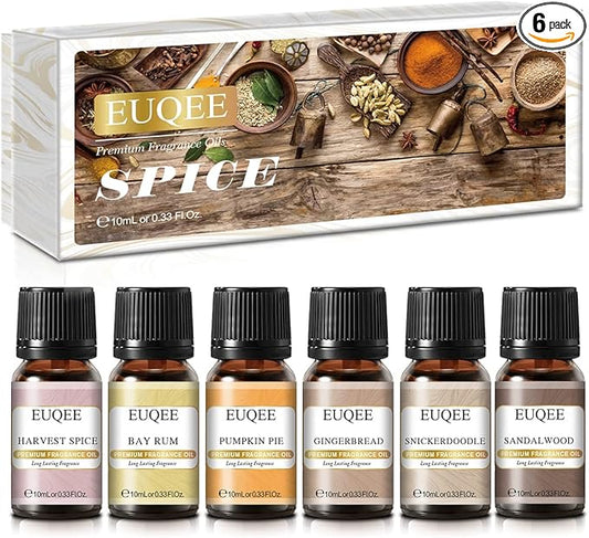 6PCS Spice Autumn Fragrance Oil Set, Scented Oils for Candle Making, Diffusers Aromatherapy Halloween Fragrance Oils for Diffuser & DIY Candles-Sandalwood, Harvest Spice, Bay Rum, Snickerdoodle