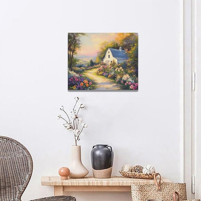 Olivine Garden Wall Art, Barn Pictures Wall Decor, Sunset Painting Vintage Village Garden Canvas Print, Framed Artwork for Living Room Bedroom Bathroom Office Home Decoration 20"x16"