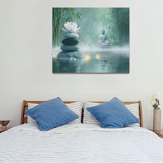 Olivine Zen Decor Wall Art, Lotus Pictures Wall Decor, Stones Flower Bloom Canvas Prints Painting, Framed Artwork for Meditation Bathroom Bedroom Living Room Office Home Decoration 24"x20"