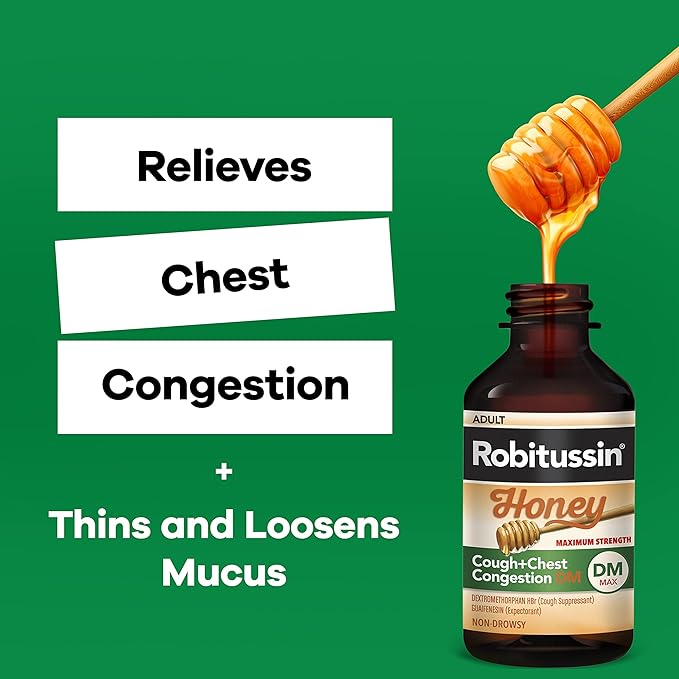 Robitussin Maximum Strength Honey Cough Plus Chest Congestion DM, Cough Medicine for Cough and Chest Congestion Relief Made with Real Honey for Flavor - 8 Fl Oz x 2