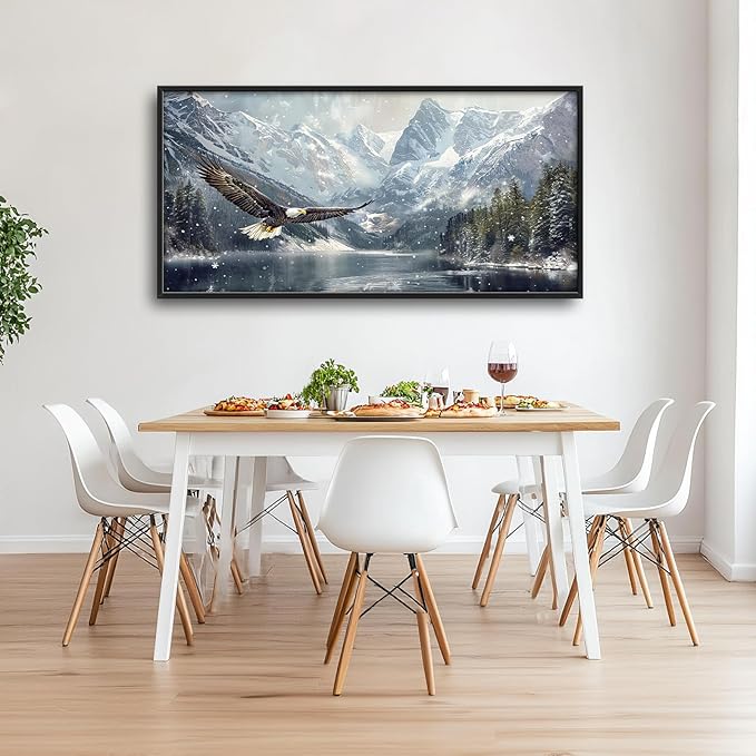 Winter Wall Art Snowy Mountain Lake Soaring Bald Eagle Pictures Wall Decor Large Canvas Prints Framed Artwork Paintings Home Office Decorations for Living Room Bedroom Dinning Room 60"x30"