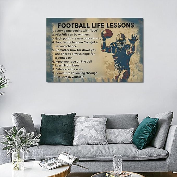 Farmhouse Football Wall Art For Boy Room Rustic Football Life Lessons Wall Decor Retro Football Sign Canvas Painting Artwork Home Decorations for Man Teenager Office Bedroom Living Room 24"x16"