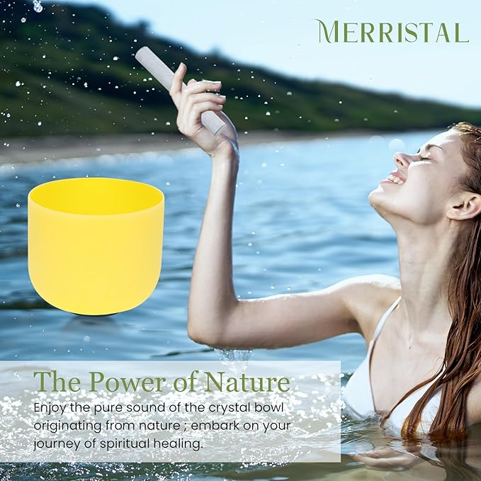 432HZ 8 Inchs E Note Yellow Frosted Crystal Singing Bowl for Meditation Healing Yoga Chakra Quartz Crystal Sound Bowls with Heavy Duty Carry Case and Rubber Mallet,Suede Striker,O-rings