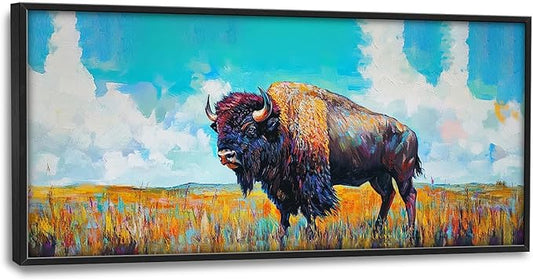 SweetFox Extra Large Colorful Western Bison Framed Wall Art for Living Room, Bison Pictures Oversized Wall Decor Abstract Big Canvas Painting Print Artworks for Bathroom Master Bedroom 60L X 30W