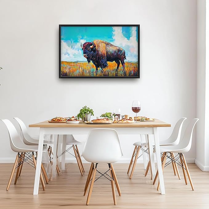 SweetFox Extra Large Colorful Western Bison Framed Wall Art for Living Room, Bison Pictures Oversized Wall Decor Abstract Big Canvas Painting Print Artworks for Bathroom Master Bedroom 36L X 24W