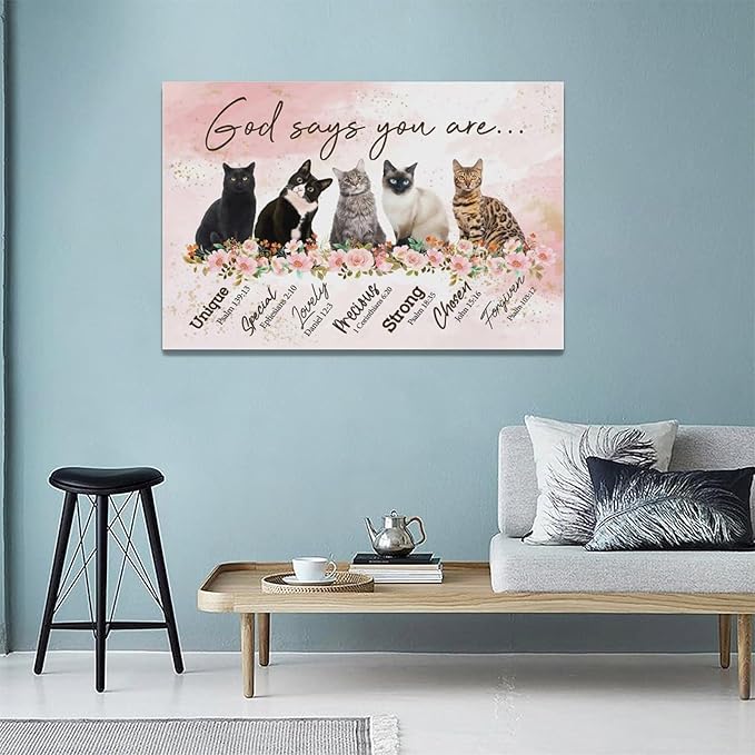 God says you are decor wall art cat canvas Pictures Christian Wall Decor flower Canvas for Girl’s Room Prints Painting Framed Artwork for Bathroom living room Bedroom 24"x16"