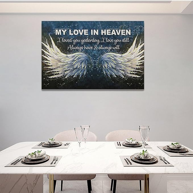Fleruku Angel Wings Wall Art Memorial Motivational Wall Decor Wings My Love In Heaven Pictures Canvas Painting Artwork Home Decorations for Living Room Bedroom Bathroom Office 24"x16"
