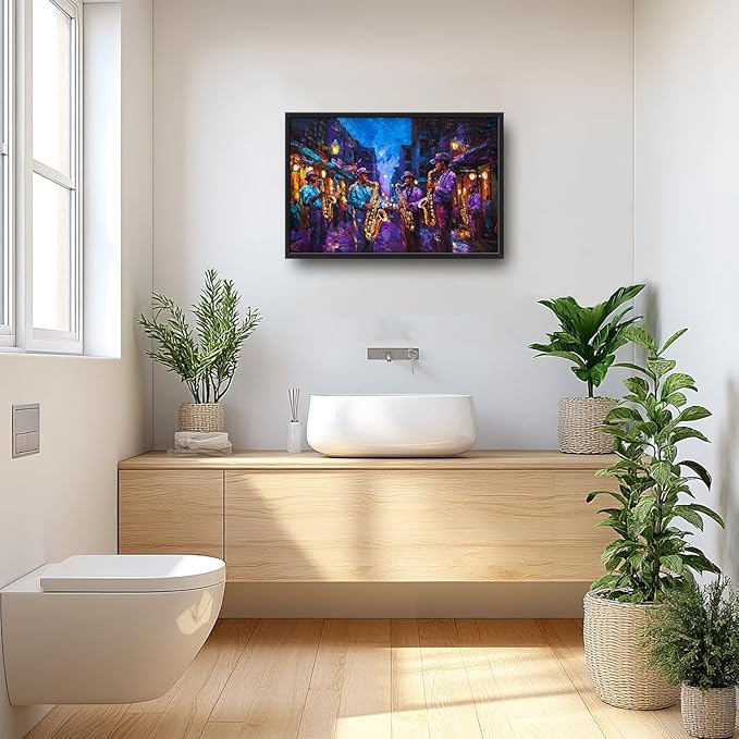 SweetFox Extra Large Banksy Jazz Music Framed Wall Art for Living Room, Jazz Band Banksy Pictures Oversized Wall Decor Abstract Canvas Painting Print Artworks for Bathroom Master Bedroom 36L X 24W