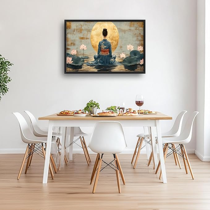 Japanese Woman Large Wall Art Lotus Moon Pictures Wall Decor Nature Canvas Landscape Print Painting Modern Artwork Home Decoration for Living Room Bathroom Bedroom Office Framed 24"x36"