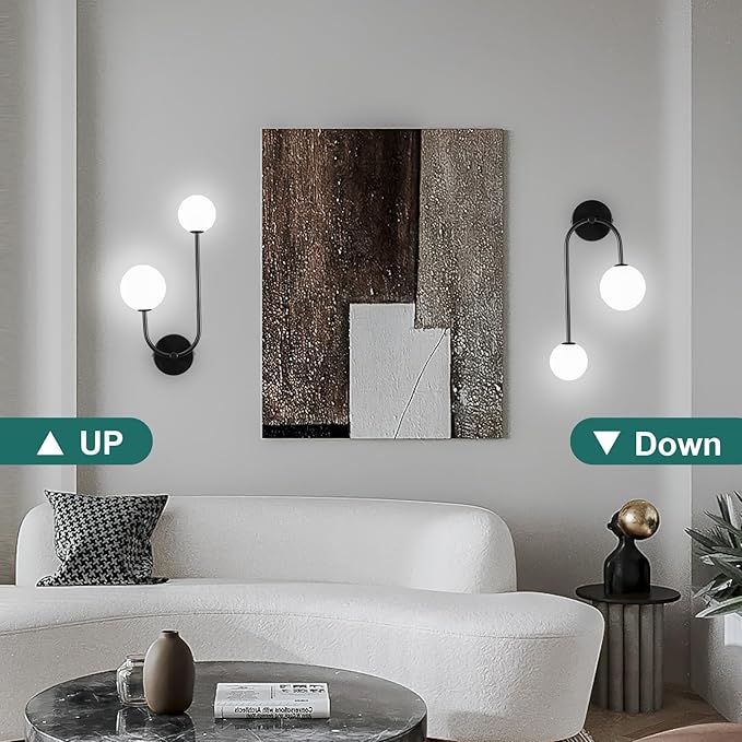 Milk Glass Wall Sconce Black Wall Sconces Set of Two Mid Century Modern Sconces Wall Lighting 2 Light Globe Sconce for Bedroom Living Room Hallway Wall Light Fixtures