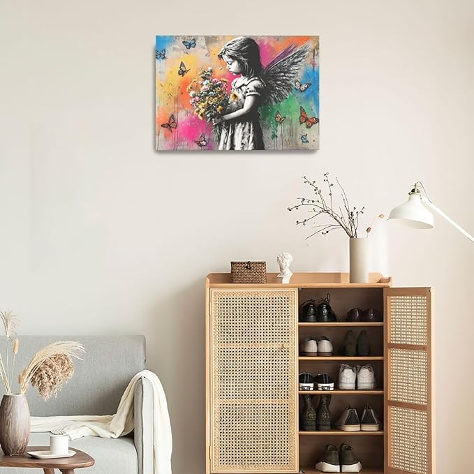 Banksy Wall Art Butterfly Girl Pictures Street Pop Art Graffiti Canvas Wall Decor Vintage Kids Aesthetic Painting Artwork Decorations Framed for Living Room Bedroom Bathroom Kid Room Office 16"x24"