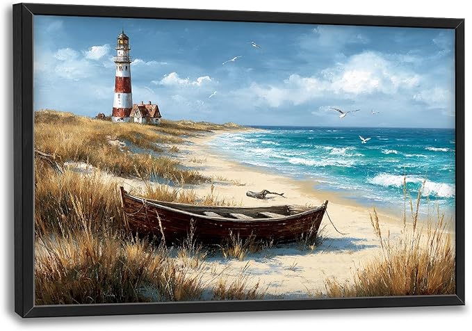 Glocmna Large Ocean Lighthouse Wall Art for Living Room Beach Coastal Scenery Wall Decor summer nautical Seascape Canvas Pictures Painting Print Framed Artwork Decorations for Bedroom Home Gifts 24"x36"