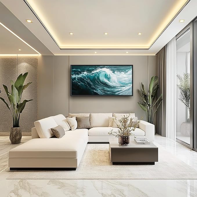 SweetFox Extra Large Ocean Wave Framed Wall Art for Living Room, Coastal Sea Beach Pictures Oversized Wall Decor Abstract Big Canvas Painting Print Artworks for Bathroom Master Bedroom 60L X 30W