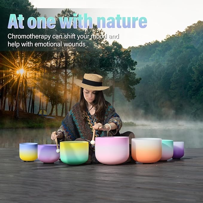 440HZ 6"-12" Set of 7 PCS Frosted Quartz Color Crystal Singing Bowl Set Sound Healing with Sound Bowl Mallet Suede Stick Heavy Duty Carry Cases