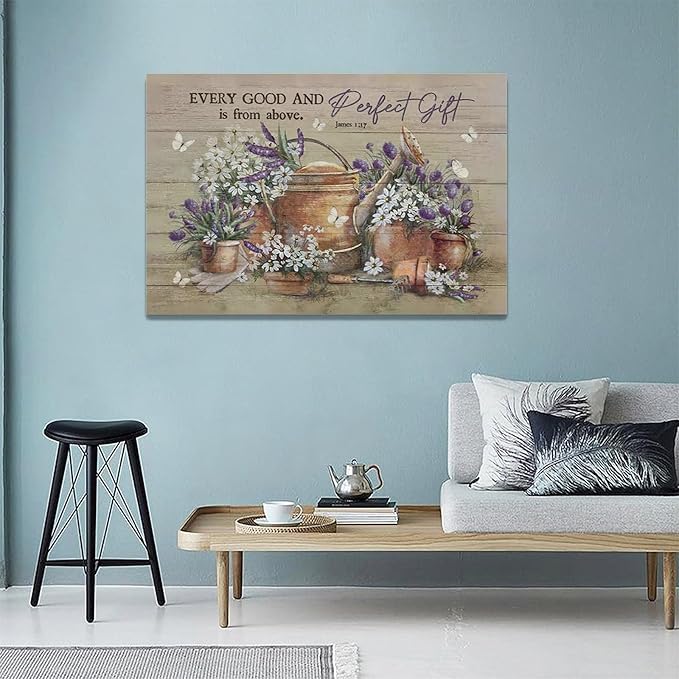 Country Bathroom Flower Wall Art Farmhouse Lavender Wall Decor Rustic Scripture Sign Canvas Painting Artwork Home Decorations for Man Teenager Office Bedroom Living Room Bathroom 24"x16"