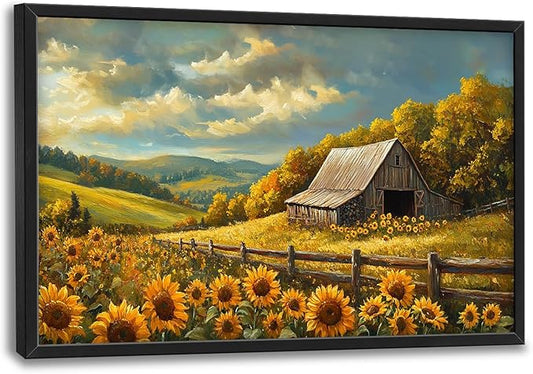 SweetFox Extra Large Barn Sunflower Framed Wall Art for Living Room, Farmhouse Barn Pictures Oversized Wall Decor Abstract Big Canvas Painting Print Artworks for Bathroom Master Bedroom 36L X 24W