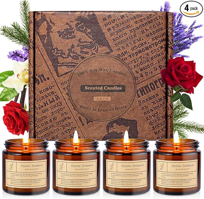 4 Pack Vanilla Candles for Home Scented,Amber Jar Aromatherapy Candle Gifts for Women,Scented Candles Set for Mother's Day Christmas Valentine Thanksgiving Brithday Gifts,Soy Wax Candle Set