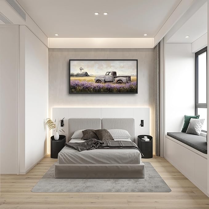 Rustic Truck Wall Art Farmhouse Lavender Barn Pictures Wall Decor Country Large Master Over Above Bed Canvas Prints Horizontal Modern Artwork Painting Home Office Decorations For Bedroom 30"x60"