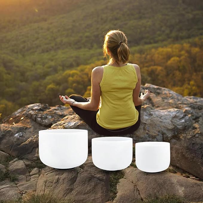 RYAN DVAN 432HZ Crystal Singing Bowl Set of 3, 6" B Crown, 7" G Throat, 8" E Solar Plexus with Case Suede Striker & O-Ring Sound Therapy for Yoga, Reiki, Chakra Healing Energy Tuning & Mindfulness Kit