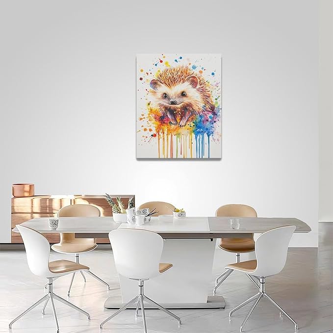 Fleruku Watercolor Hedgehog Wall Art Colorful Hedgehog Wall Decor Cute Animal Pictures Canvas Painting Artwork Home Decorations for Living Room Bedroom Bathroom Office Nursery Classroom 16"x20"