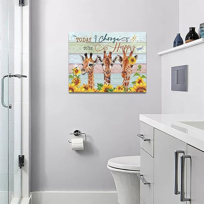 Giraffe Bathroom Decor Wall Art Sunflower Wall Decor Giraffe Canvas I Choose Happy Prints Painting Framed Artwork for Bathroom living room Bedroom 16"x12"