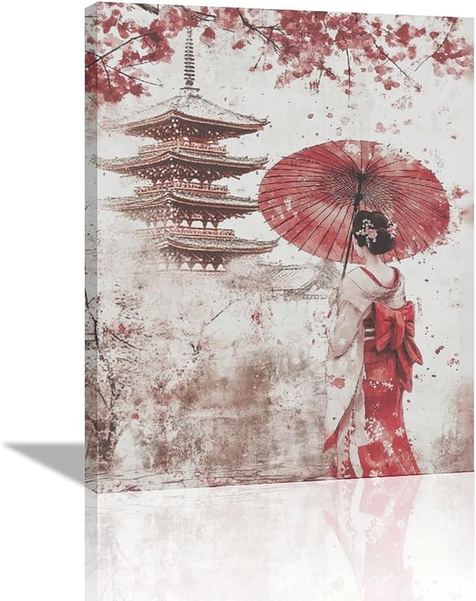 Japan Wall Art Japanese Geisha Wall Decor Cherry Blossoms Farmhouse Japan Pictures Canvas Painting Artwork Home Decorations for Living Room Bedroom Bathroom Office Classroom 16"x20"