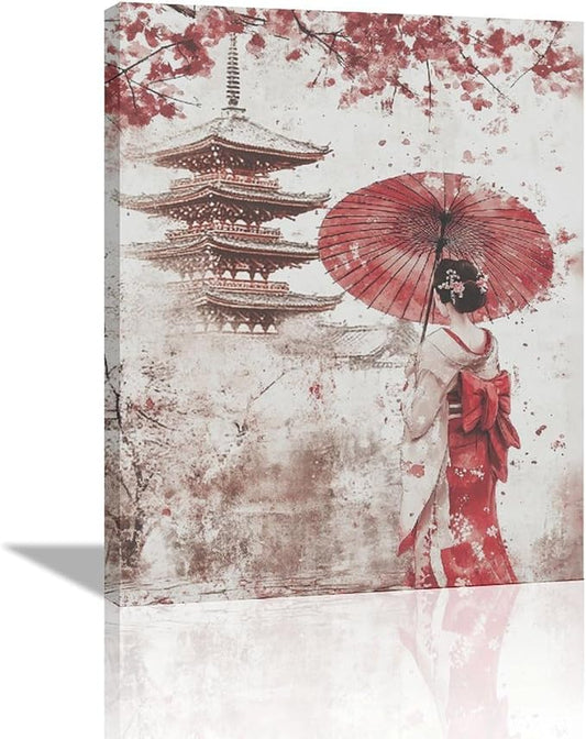 Japan Wall Art Japanese Geisha Wall Decor Cherry Blossoms Farmhouse Japan Pictures Canvas Painting Artwork Home Decorations for Living Room Bedroom Bathroom Office Classroom 16"x20"