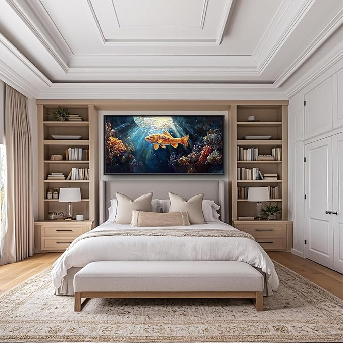 SweetFox Extra Large Ocean Fish Framed Wall Art for Living Room, Coastal Sea Fishing Pictures Oversized Wall Decor Abstract Big Canvas Painting Print Artworks for Bathroom Master Bedroom 60L X 30W