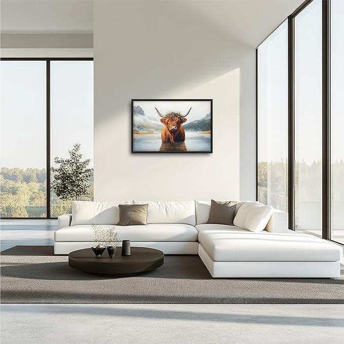 Framed Large Wall Art for Living Room, Highland Cow Canvas Wall Decor, Large Mountain Animal Pictures Framed Painting, Natural Landscape Artwork for Bedroom Office Home Decor 36L'' × 24W''