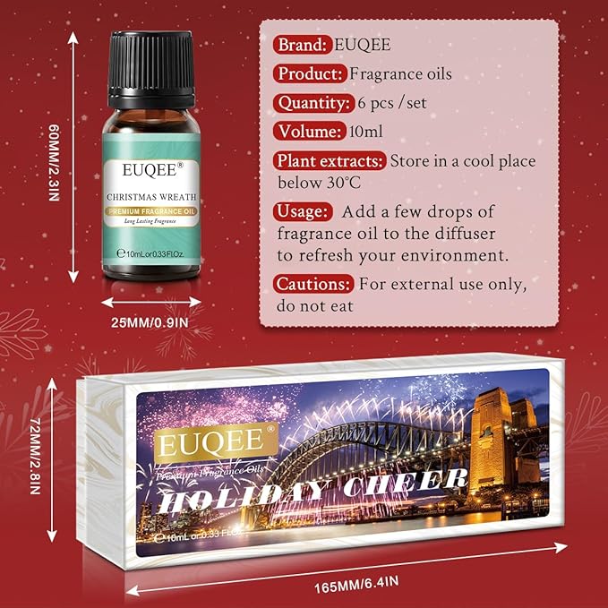 Holiday Cheer Premium Fragrance Oils Set of 6 - Forest Pine, Christmas Wreath, Brown Sugar, Harvest Spice, Gingerbread, Pumpkin Pie - Scented Oils for Diffuser, Candle Making (10ml)