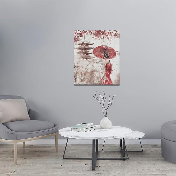 Japan Wall Art Japanese Geisha Wall Decor Cherry Blossoms Farmhouse Japan Pictures Canvas Painting Artwork Home Decorations for Living Room Bedroom Bathroom Office Classroom 20"x24"