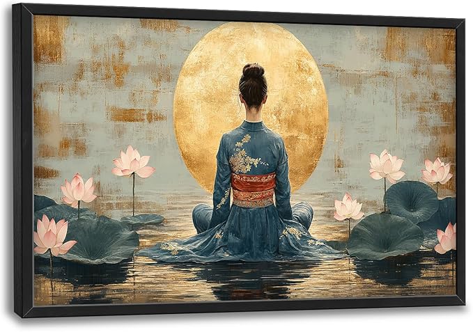 Japanese Woman Large Wall Art Lotus Moon Pictures Wall Decor Nature Canvas Landscape Print Painting Modern Artwork Home Decoration for Living Room Bathroom Bedroom Office Framed 24"x36"
