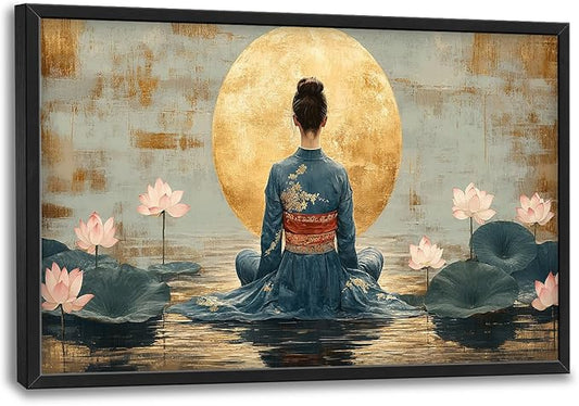 Japanese Woman Large Wall Art Lotus Moon Pictures Wall Decor Nature Canvas Landscape Print Painting Modern Artwork Home Decoration for Living Room Bathroom Bedroom Office Framed 24"x36"