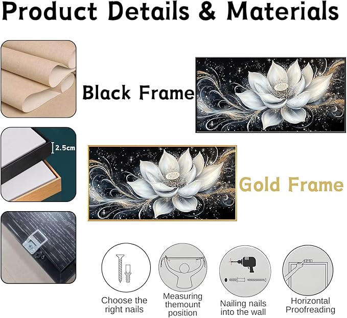 Glethua White Lotus Flower Canvas Wall Decor, Lotus Flower Picture Print, Modern Zen Wall Art, Modern Vintage Floral Painting Artwork for Yoga Spa Meditation Spiritual Living Room Bedroom Home Decor (Black Framed, 47 x 23 in | 120 x 60cm)