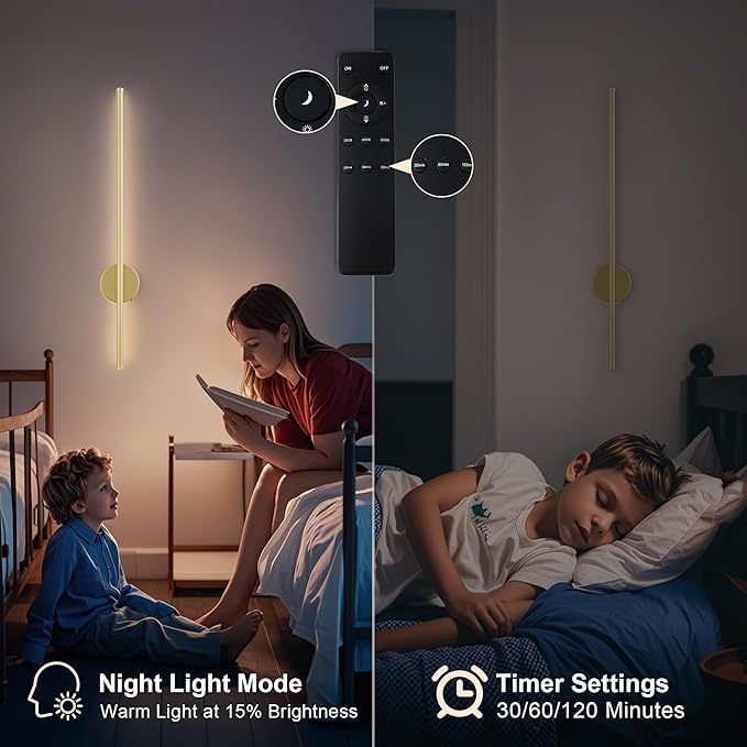 Battery Operated Modern Wall Sconces,Dimmable Wireless Wall Light Set of Two with Remote Control,3 Color Temperatures,Rechargeable LED Wall Sconce for Bedroom,Living Room,Hallway,23.6 Inch, Gold