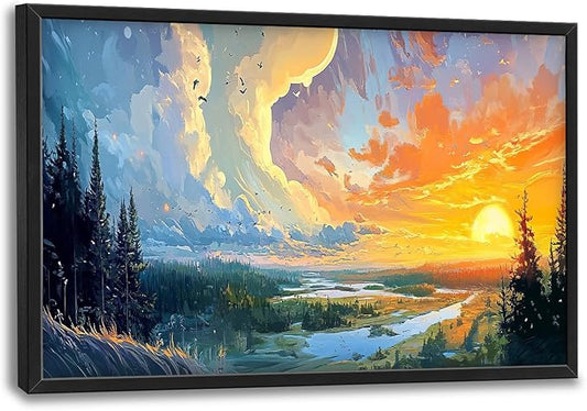 Framed Large Sun Landscape Wall Art for Living Room, Oversized Forest Wall Decor Lake Sunrise Canvas Print Nature Picture Home Decoration for Bedroom Living Room Office 36"x24"