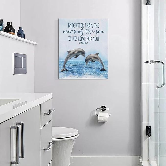 Dolphin Bathroom Decor Wall Art Ocean Coastal Wall Decor Scripture Canvas Bible Verse Prints Painting Framed Artwork for Bathroom living room Bedroom 16"x20"