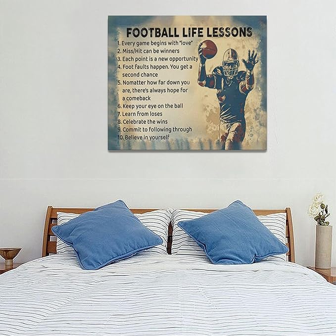 Farmhouse Football Wall Art For Boy Room Rustic Football Life Lessons Wall Decor Retro Football Sign Canvas Painting Artwork Home Decorations for Man Teenager Office Bedroom Living Room 24"x20"