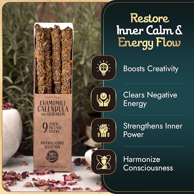 Chamomile Incense Sticks - 9 Extra Long Rods for Abundance, Peace, Love & Protection - Infused with Natural Calendula, Frankincense & Essential Oils - 50-Minute Burn Time for Meditation